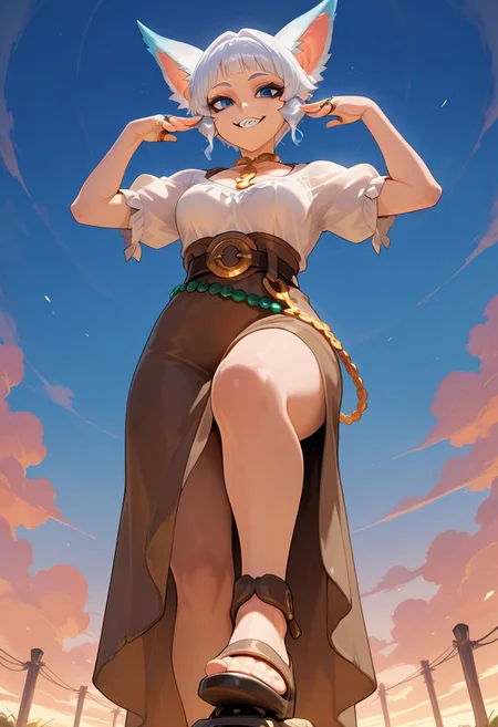 score_9, score_8_up, score_7_up, masterpiece, UHD, 16k, high res, high detailed, 
1 girl, 25 years old, medium height, tousled short hair, pleasant face, blue eyes, black eyeliner under the eyes, sharp chin, beautiful lips, sharp elongated ears, several rings in the ears, beautiful body, light white blouse with short sleeves, massive medallions and several chains on the neck, medium breasts, very short brown dress, on the dress a wide fabric belt, on the belt hangs a purse and several beaded jewelry, on her feet light shoes, greeting pose, good-natured look, street of a fantasy village,
low angle,