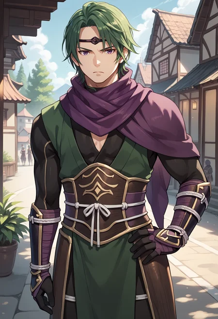 score_9, score_7_up, source_anime, 1boy, looking at viewer, serious, hand on own hip, <lora:KazeFE-pdxl:1> kaze, green hair, circlet, purple eyes, purple scarf, ninja, bracer, black gloves, sash, armor, village, outdoors