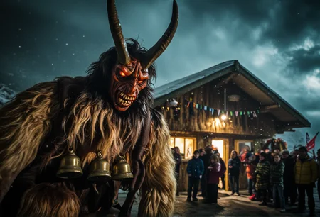 A scene of two Krampus figures looming over a small, isolated cabin with large, decorated bells and glowing eyes, surrounded by terrified children, under a dramatic, stormy sky, with snowflakes gently falling, creating an atmosphere of suspense, in sharp focus, with crisp details, and a freeze-frame effect.<lora:bv-krampus-v1.safetensors:1.0:1.0>