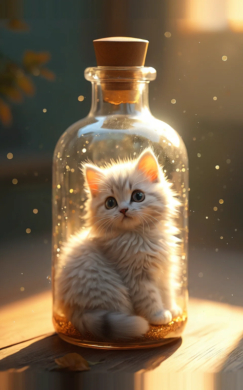 back of a cat,a cute small kitten viewed from behind,(sitting inside a transparent glass bottle),((masterpiece)),((best quality)),8k,highly detailed,ultra-detailed,soft lighting,warm sunlight streaming through a window,glowing particles in the air,fluffy striped fur,the kitten's tail curled inside the bottle,detailed reflections on the glass,sunset lighting,cozy indoor atmosphere,bottle on a wooden table,<lora:detailed_notrigger:1>,<lora:add-detail-xl:1.5>,