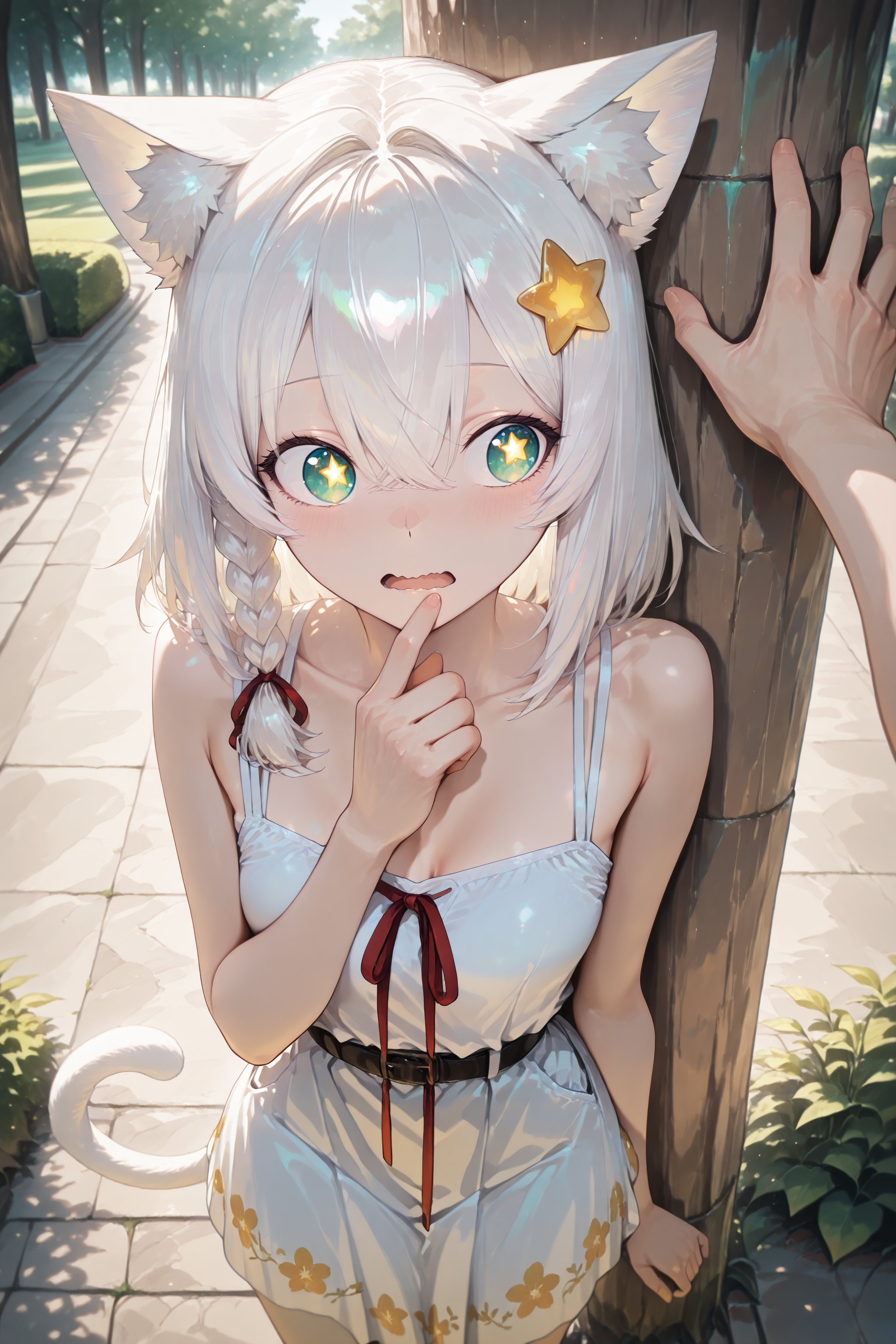 masterpiece, best quality, amazing quality, very aesthetic, absurdres, newest,highres, 1girl, solo focus, <lora:POV_Kabedon__POV_back_against_wall:0.8>, povkabedon, outdoors, against tree, park, blur, 
BREAK <lora:Mia_White_Illustrious:0.8> Mia White, medium hair, braid, animal ears, star shaped pupils, hair ornament,  cat tail, (((adult))), small breasts, blushing, open mouth, wavy mouth, looking up, looking to the side, own finger on cheeck, 
BREAK white summer dress, floral prind, bare shoulders,  
BREAK masterpiece, best quality, amazing quality, very aesthetic, absurdres, newest, volumetric lighting