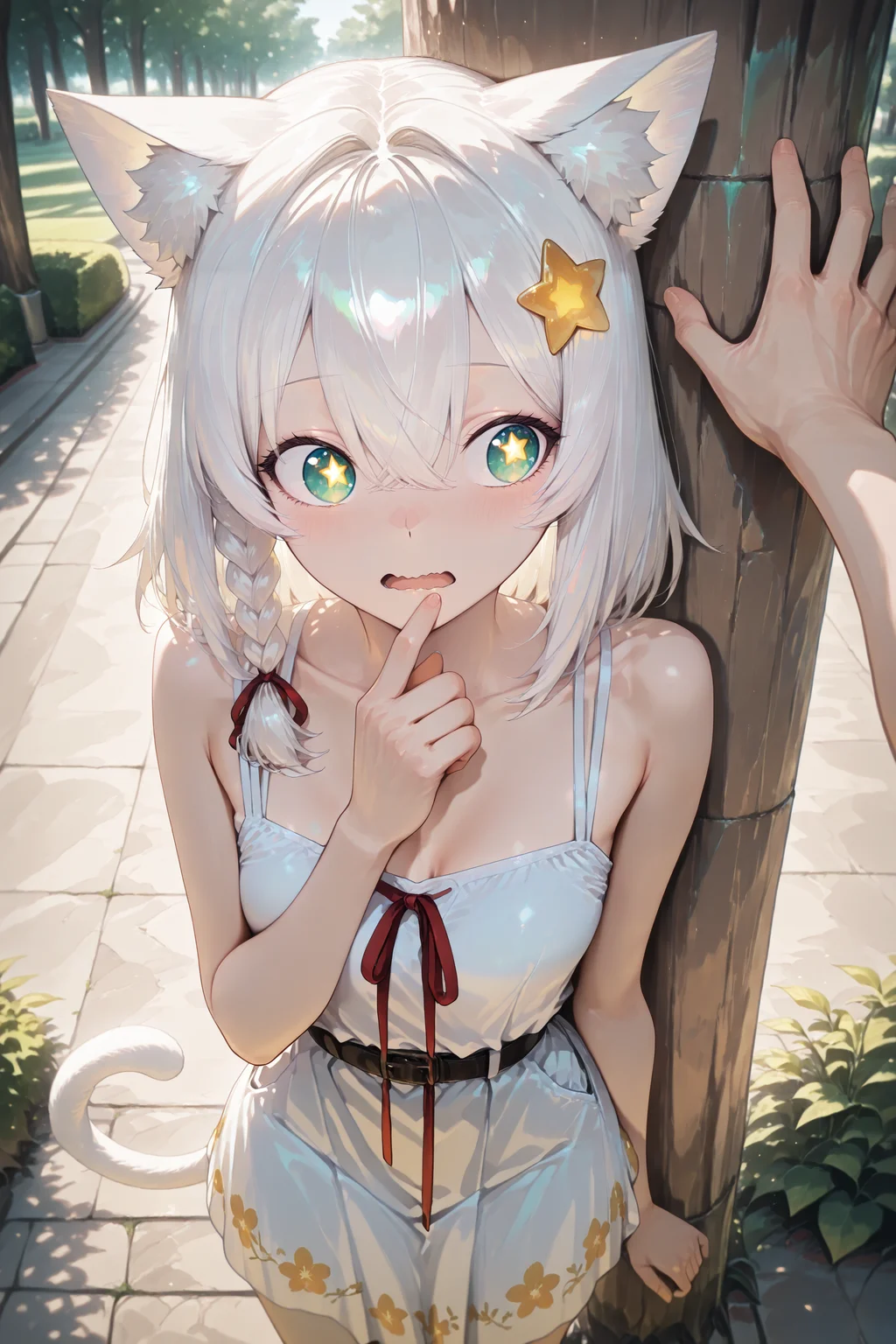 masterpiece, best quality, amazing quality, very aesthetic, absurdres, newest,highres, 1girl, solo focus, <lora:POV_Kabedon__POV_back_against_wall:0.8>, povkabedon, outdoors, against tree, park, blur,
BREAK <lora:Mia_White_Illustrious:0.8> Mia White, medium hair, braid, animal ears, star shaped pupils, hair ornament, cat tail, (((adult))), small breasts, blushing, open mouth, wavy mouth, looking up, looking to the side, own finger on cheeck,
BREAK white summer dress, floral prind, bare shoulders,
BREAK masterpiece, best quality, amazing quality, very aesthetic, absurdres, newest, volumetric lighting