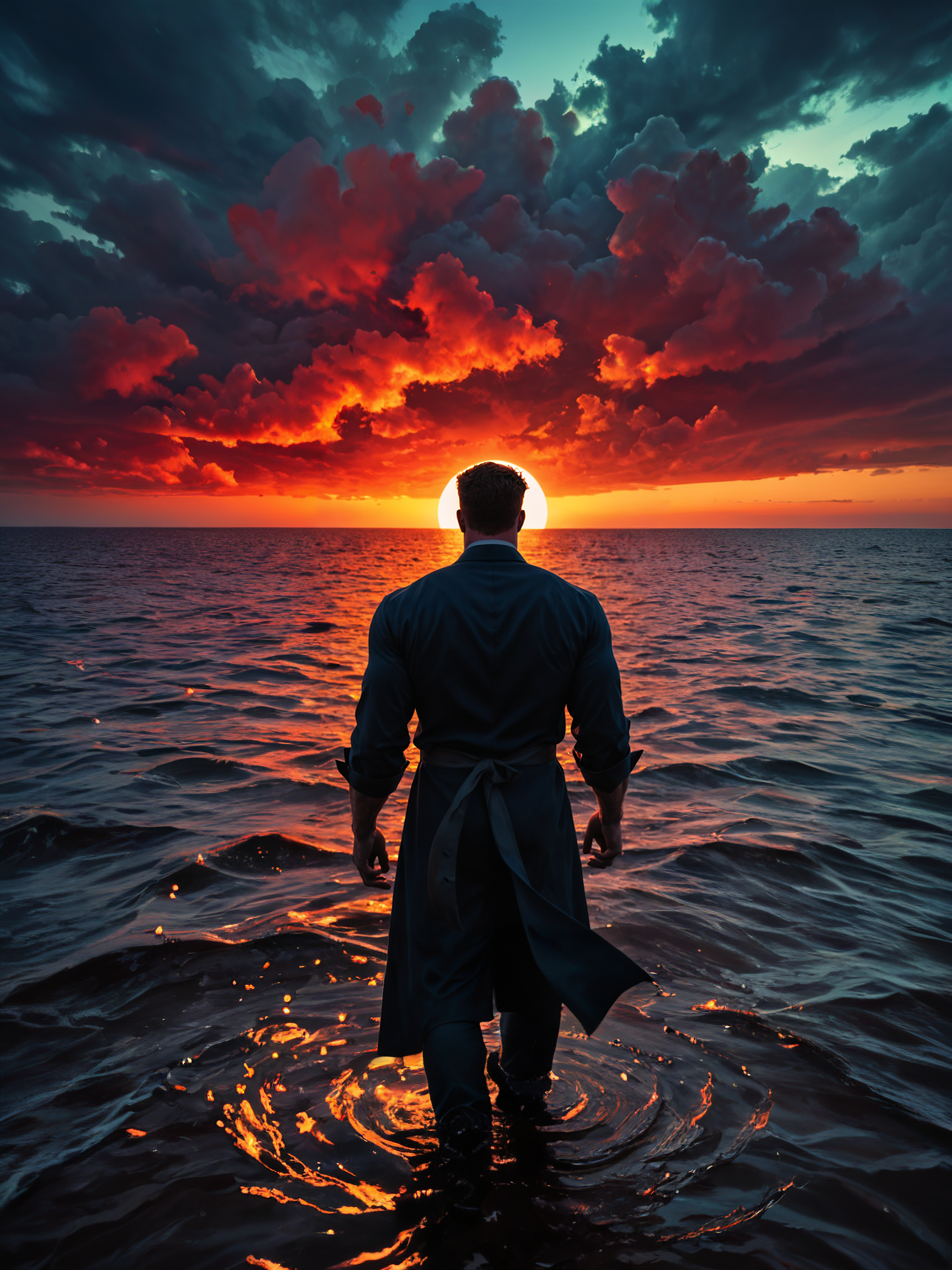 score_9, score_8_up,score_7_up, score_6_up, score_5_up, score_4_up, A captivating, dramatic scene in a painting that exudes mystery and foreboding. A fiery red sky, swirling clouds, and a crescent moon illuminate a solitary man standing near the water's edge. his long open robe flows in the wind, silhouetted against the eerie glow. he shows his muscular hairy chest. The water mirrors the fiery sky and moonlight, amplifying the uneasy atmosphere. The composition emphasizes the mans isolation and vulnerability, with his outstretched arms reflecting longing or despair. This vibrant, cinematic work of conceptual art creates a haunting impression., conceptual art, painting, vibrant, cinematic