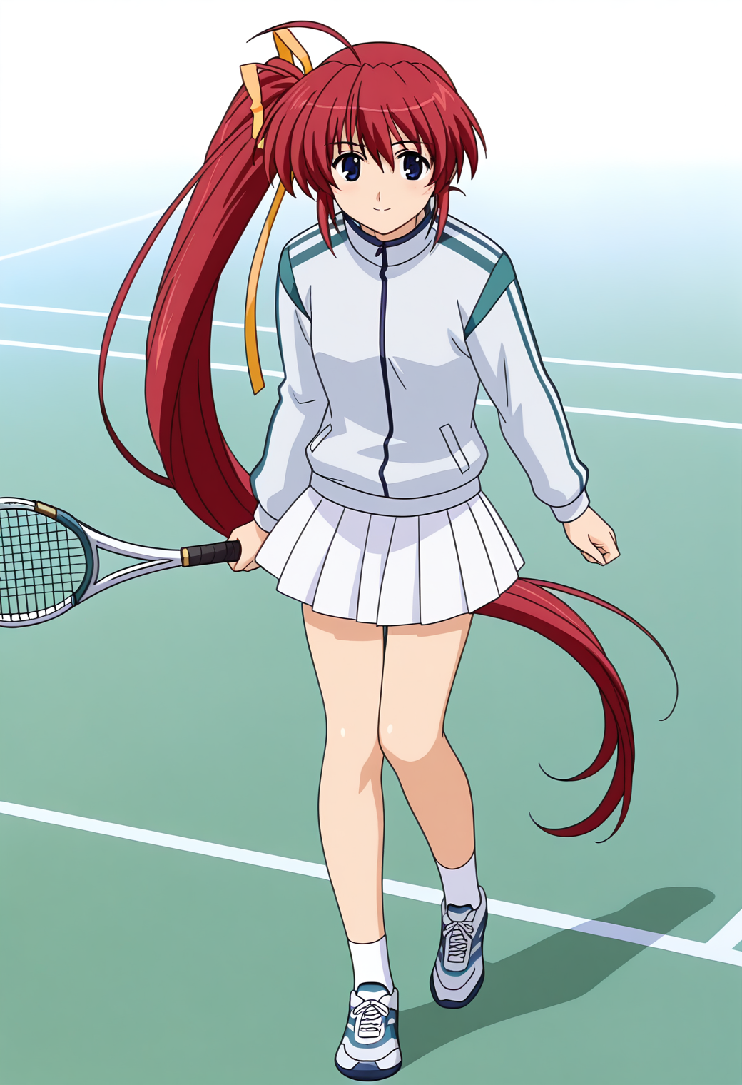 masterpiece, best quality, very aesthetic, absurdres, 1girl, solo,
<lora:takase_mizuki_v01:0.9>, takase_mizuki, mizuki_tennis1, red hair, very long hair, ahoge, side ponytail, blue eyes,
yellow hair ribbon, tennis uniform, track jacket, long sleeves, white skirt, plated skirt, white socks, sneakers, tennis racket, (smile:0.7), posing, tennis court