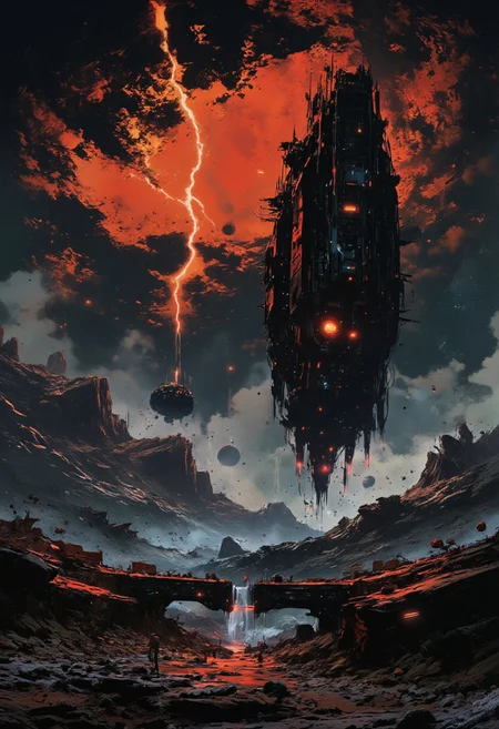 abstract painting, gradient vibrant neon colours, mythp0rt, landscape of a futuristic sci-fi moon base, gleaming metals and ceramics, domes, cratered environment, dusty, thin haze, a large planet dominating the skyline