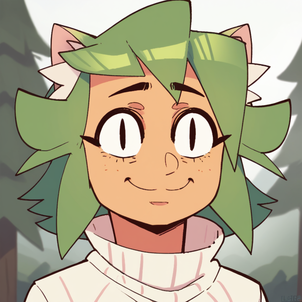 Ugly score_9_up, score_8_up, BREAK, lu, 1girl, solo, green hair, short hair, cat ears, black eyes, slit pupils, turtleneck sweater, long sleeves, upper body, forest, smile,   <lora:Lu_Randowis_PXL_Leaf2:1>