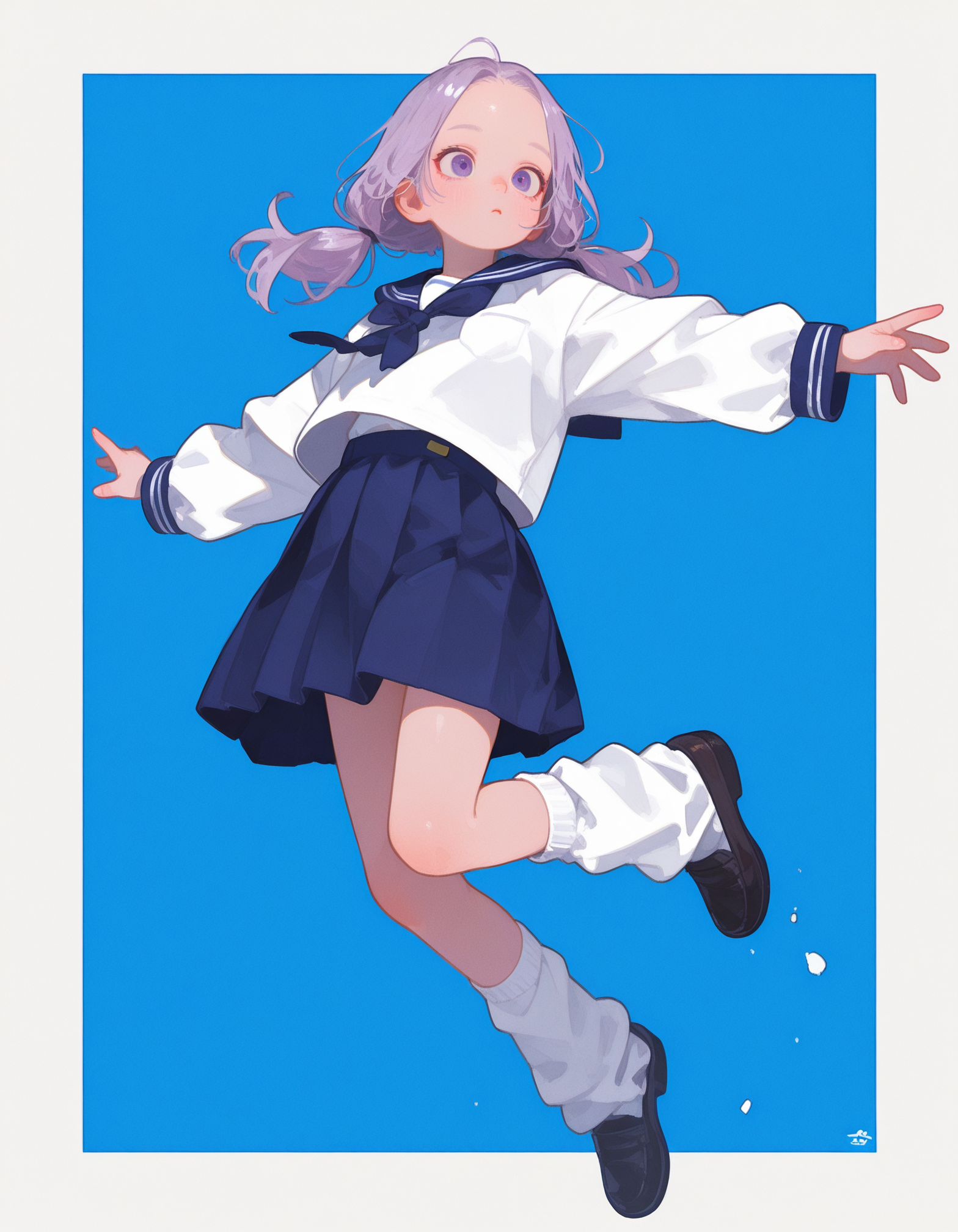 masterpiece, best quality, 32k, high resolution, absurdres, HD32k, masterpiece, high detail, extremely detailed, detailed linework, dynamic composition, (realistic), flat color,
1girl, solo,
low twintails ,
purple  eyes, forehead ,
,
japanese school uniform, blue vertical background, popping out of background, full body, jumping, [[[[arms stretched]]]], dynamic pose, loose socks ,
white thick border,
0__11Xx_illu, bW9t, fl4t,
<lora:96YOTTEA-WAI:0.6>
<lora:Dramatic Lighting Slider:1.6>
<lora:0__11Xx:0.4>
<lora:fl4t:0.4>
<lora:MomoSweetSpaceILL:0.24>
<lora:c_:0.75>