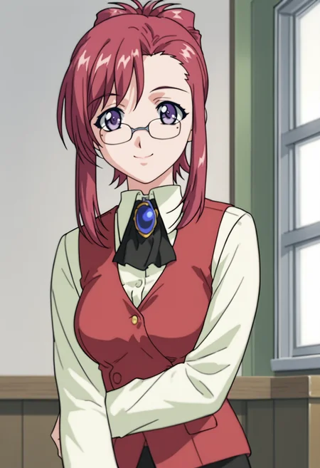 source_anime, score_9, score_8_up, score_7_up, white background, 1girl, solo, cowboy shot, <lora:KazamiMizuho:0.8> kazami mizuho, glasses, teacher, vest, brooch, smile,