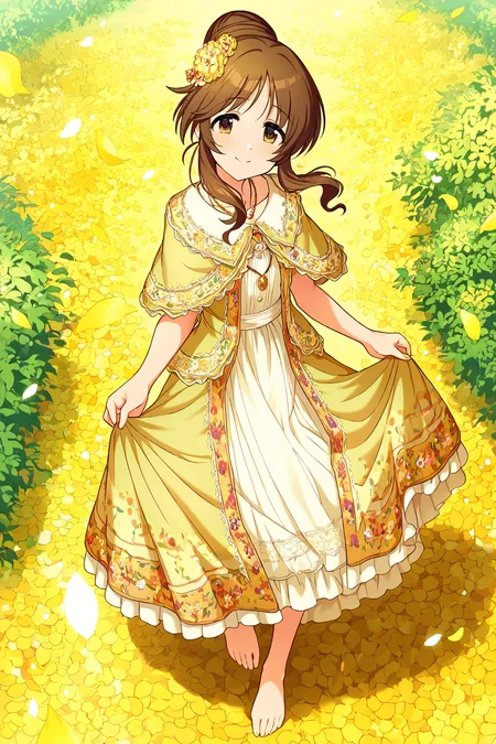 masterpiece,best quality,very aesthetic,absurdres,highres,newest,official art,official style,
1girl,solo,
takamori aiko,brown eyes,brown hair,long hair,
barefoot,capelet,dress,hair bun,hair flower,hair ornament,
<lora:eye_focus:1>,eye_focus,
flower,outdoors,petals,
jewelry,leaf,necklace,
smile,standing,full body,
<lora:idolmaster_takamori_aiko_ill_v1.0:1>,