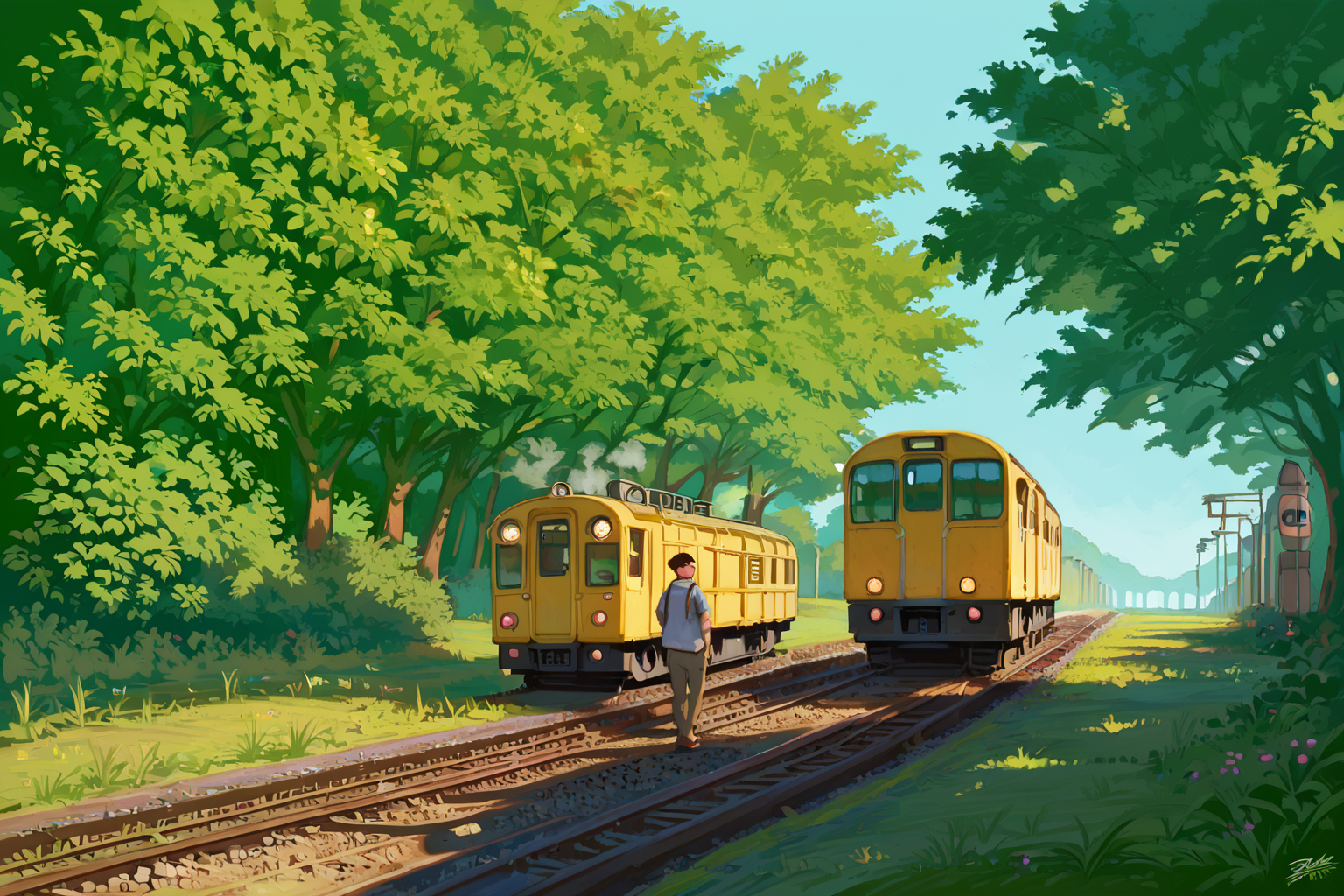 PDXL, source_anime,  <lora:SaishoV1:1>, s4ish0, 
railroad track, grassy plains, cumulonimbus, 
volumetric reflections, volumetric shadows, HDR, shot on Canon DSLR