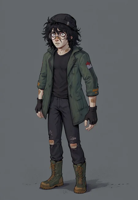 score_9, score_8_up, score_7_up, masterpiece, solo, dr_kel, 1boy, slim male, medium hair, black hair, messy hair, black hat, black beanie, bandaid on nose, glasses, round eyewear, green jacket, black shirt, black pants, boots, fingerless gloves, bags under eyes, hood,
