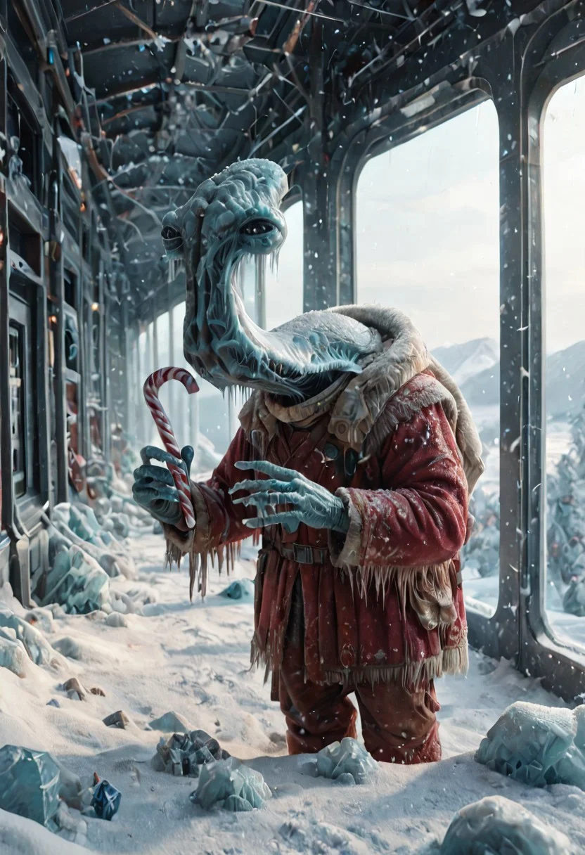 score_9, score_8_up, score_7_up,
masterpiece, extremely detailed,
Cinematic still, ithorian hammerhead alien, holding a candy cane, dynamic pose, in a space station, outside window, fr0stwrld, snow, ice
