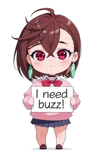 masterpiece, need_buzz, holding sign, sousou no ayasemomo, momo,chibi,chibi style,
1girl, solo, white background, hair between eyes, crossed bangs, green earrings, brown hair, red eyes, black choker, short hair, white shirt, red bowtie,pleated skirt,school uniform, pink cardigan, long sleeves, full body,