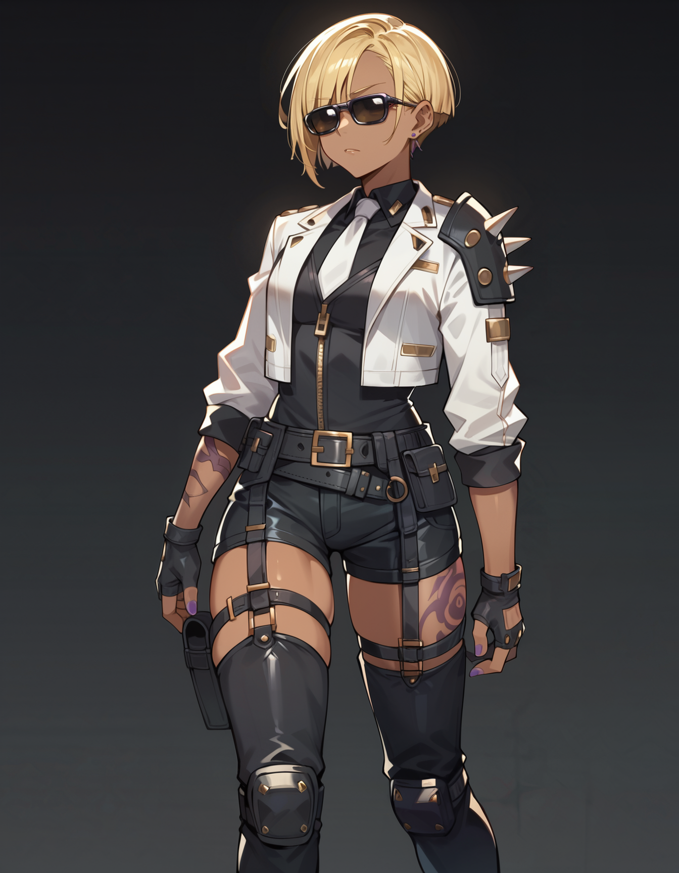 score_9,score_8_up,score_7_up,score_6_up,dark background,1girl,f4tal3,black fingerless gloves,dark skin,black thighhighs,white jacket,dark-skinned female,thigh boots,blonde hair,belt,short hair,black shorts,knee pads,full body,from behind,rectangular tinted sunglasses,white necktie,arm tattoo,shoulder spikes,black shirt,earrings,belt pouch,purple nails,leg tattoo,zipper,long sleeves,holster,     <lora:MyTrainings\Temp\Mad_Maggie_Furious_Fatale_XL_Pony_ARZUMATA-000009.safetensors:0.5>