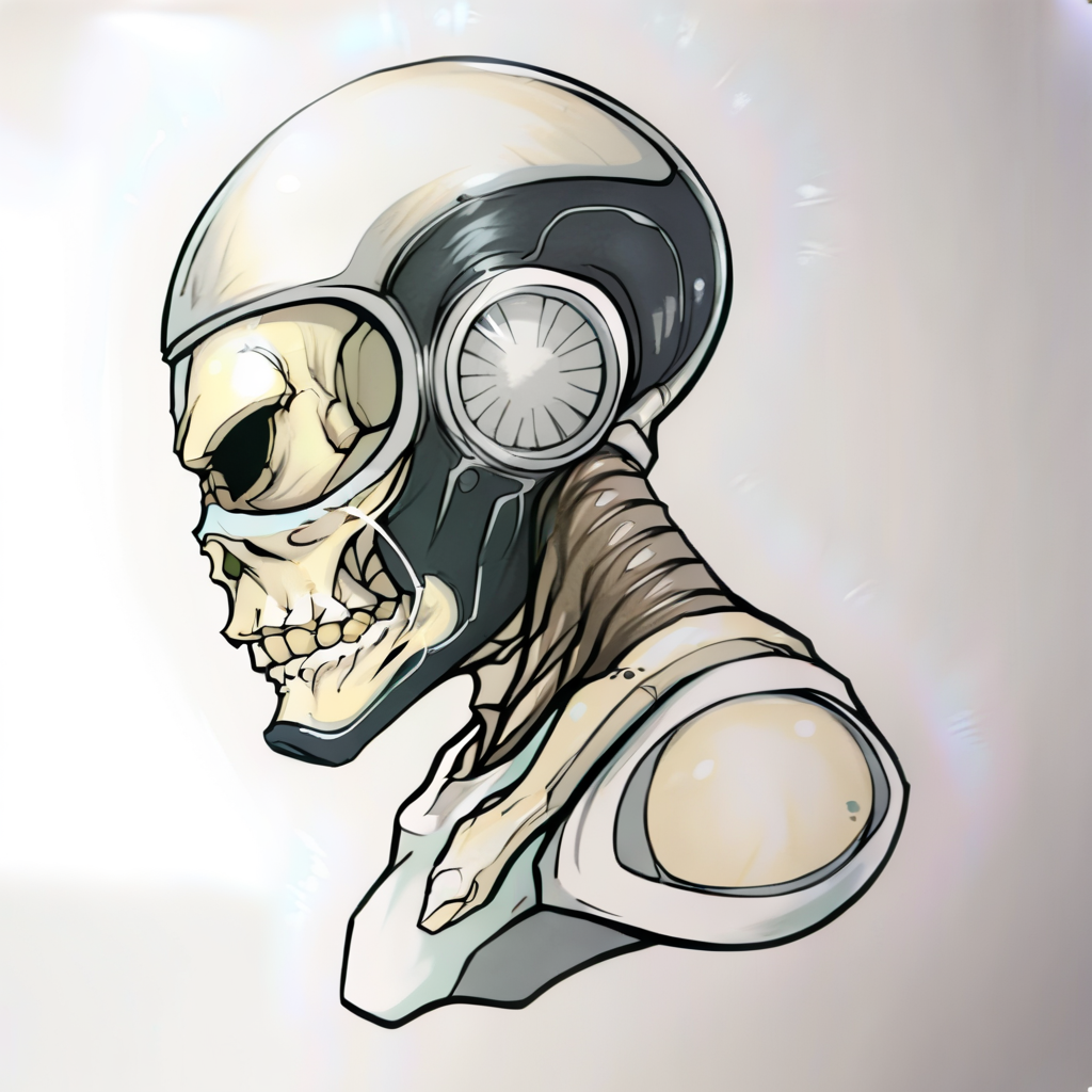 a humanoid alien with a transparent skull head inside of a futuristic space suit , concept art, fantasy race, glass helmets, his head is a skull, creature, artgerm, krenz cushart, greg rutkowski very clear, die-cut sticker, sticker, front shot, simple background, solid outline