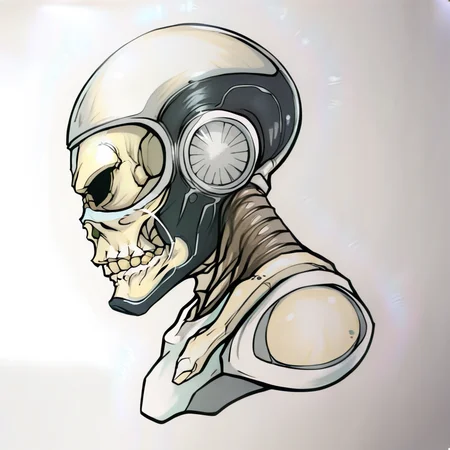 a humanoid alien with a transparent skull head inside of a futuristic space suit , concept art, fantasy race, glass helmets, his head is a skull, creature, artgerm, krenz cushart, greg rutkowski very clear, die-cut sticker, sticker, front shot, simple background, solid outline