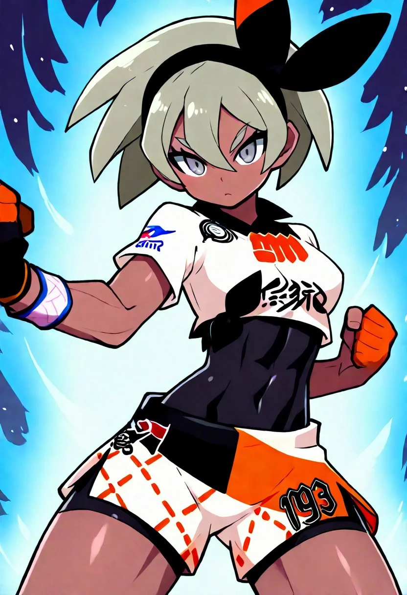 masterpiece, best quality, 1girl, solo, (curvy), eyelashes, (beautiful detailed eyes),
,,,
aura, energy, furious,
,,,
zzBea, grey eyes, grey hair, short hair, hair between eyes, black hairband, dark skin, crop top, print shirt, bodysuit, shorts, single glove,
punch, incoming attack, dynamic pose,
, (foreshortening),
,,,
BREAK,
cowboy shot, looking at viewer,