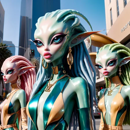 <lora:AlinaXL:0.6> <lora:DalleAlien:0.8> beautiful alien elf girl with big detailed eyes and huge lips , light shiny skin ,supermodel women wearing Louis Vuitton haute couture in downtown Los Angeles street surrounded by enormous shiny aliens with scaled skin, hyper real, photorealistic, portra 400 film, cinematic ,8k, extreme detailed , colorful , highest detailed