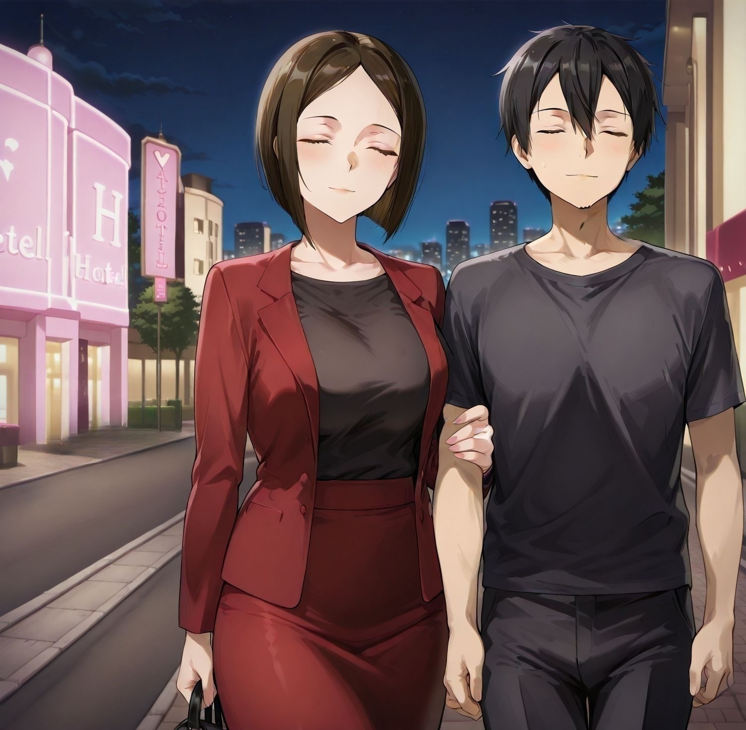masterpiece,best quality,anime coloring,anime screenshot,
<lora:add-detail-xl:0.5>
<lora:sugar_dating:0.5>sugar_datingV1,
girl hooks her arm around the boy’s arm,night, walking,
1girl, 1boy, hetero,  light smile, facing viewer,  
outdoors, love hotel, street,sexually suggestive,
head lying on shoulders, A street lined with love hotels,
<lora:Yuuki_Kyouka:1>Yuuki_KyoukaV1,  
 pencil skirt,formal,
red skirt,short hair, black shirt, 
red jacket,yuuki kyouka, 
 mature female,
parted bangs,  bob cut,black  pantyhose, 
kirito, black clothes,