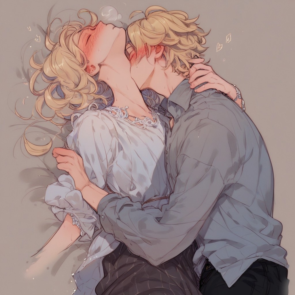 kiss_neck_lora, score_9, score_8_up, score_7_up,uncensored, 1girl, 1boy, hetero, blonde hair, blush, closed eyes, cloths, dress, shirt, pant