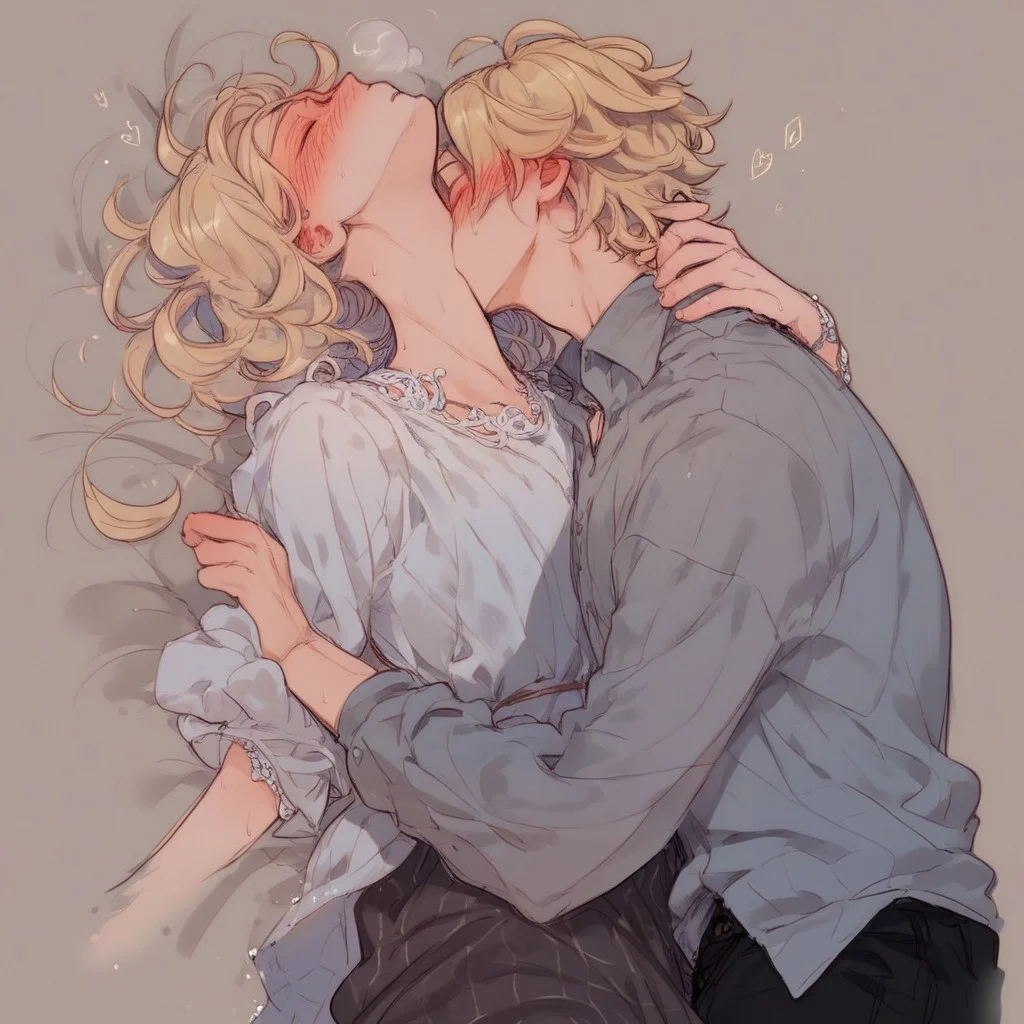 kiss_neck_lora, score_9, score_8_up, score_7_up,uncensored, 1girl, 1boy, hetero, blonde hair, blush, closed eyes, cloths, dress, shirt, pant