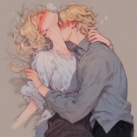 kiss_neck_lora, score_9, score_8_up, score_7_up,uncensored, 1girl, 1boy, hetero, blonde hair, blush, closed eyes, cloths, dress, shirt, pant