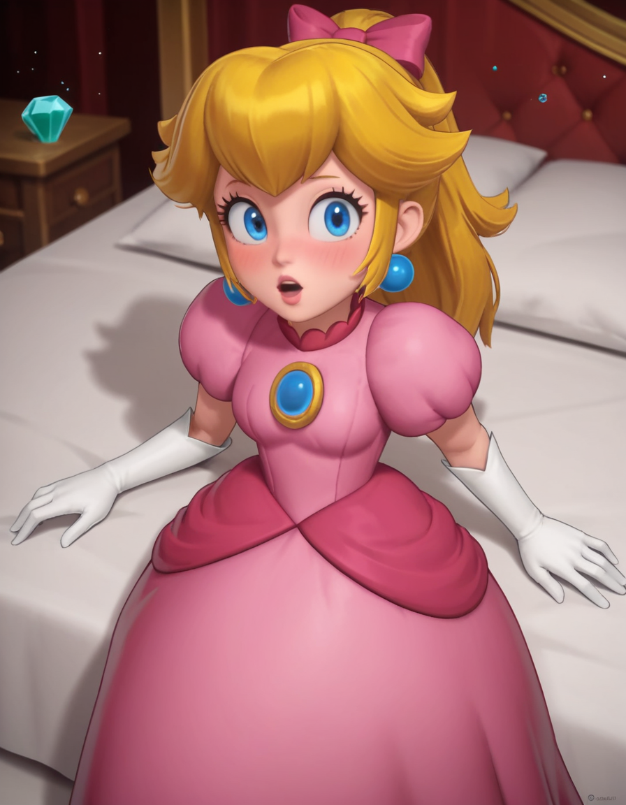 score_9, score_8_up, score_7_up, source_anime, <lora:princess-peach-showtime-ingame-ponyxl-lora-nochekaiser:1>, princess peach, blonde hair, blue eyes, long hair,, crown, dress, gem, gloves, pink dress, puffy short sleeves, puffy sleeves, short sleeves, white gloves,, indoors, bed, bed room, on side, blush, drunk, looking at viewer, solo,, cowboy shot, dutch angle