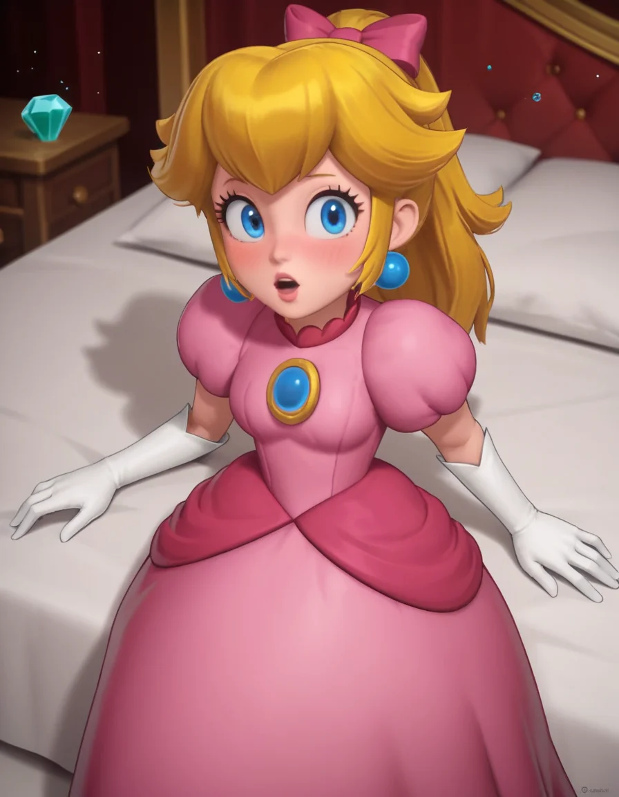 score_9, score_8_up, score_7_up, source_anime, <lora:princess-peach-showtime-ingame-ponyxl-lora-nochekaiser:1>, princess peach, blonde hair, blue eyes, long hair,, crown, dress, gem, gloves, pink dress, puffy short sleeves, puffy sleeves, short sleeves, white gloves,, indoors, bed, bed room, on side, blush, drunk, looking at viewer, solo,, cowboy shot, dutch angle