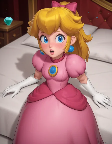 score_9, score_8_up, score_7_up, source_anime, <lora:princess-peach-showtime-ingame-ponyxl-lora-nochekaiser:1>, princess peach, blonde hair, blue eyes, long hair,, crown, dress, gem, gloves, pink dress, puffy short sleeves, puffy sleeves, short sleeves, white gloves,, indoors, bed, bed room, on side, blush, drunk, looking at viewer, solo,, cowboy shot, dutch angle