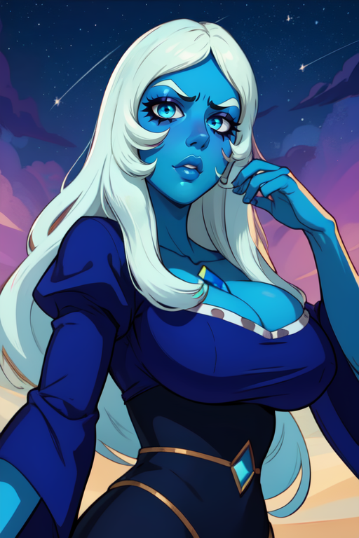 Bledim,white hair,blue eyes,gem between collarbone,(blue skin:1.2),serious,
blue dress,wide sleeves,cleavage,from below,giantess,
beach,stars,
night,
upper body,standing,arms up,
(insanely detailed, beautiful detailed face, masterpiece, best quality),<lora:BlueDiamond:0.8>,