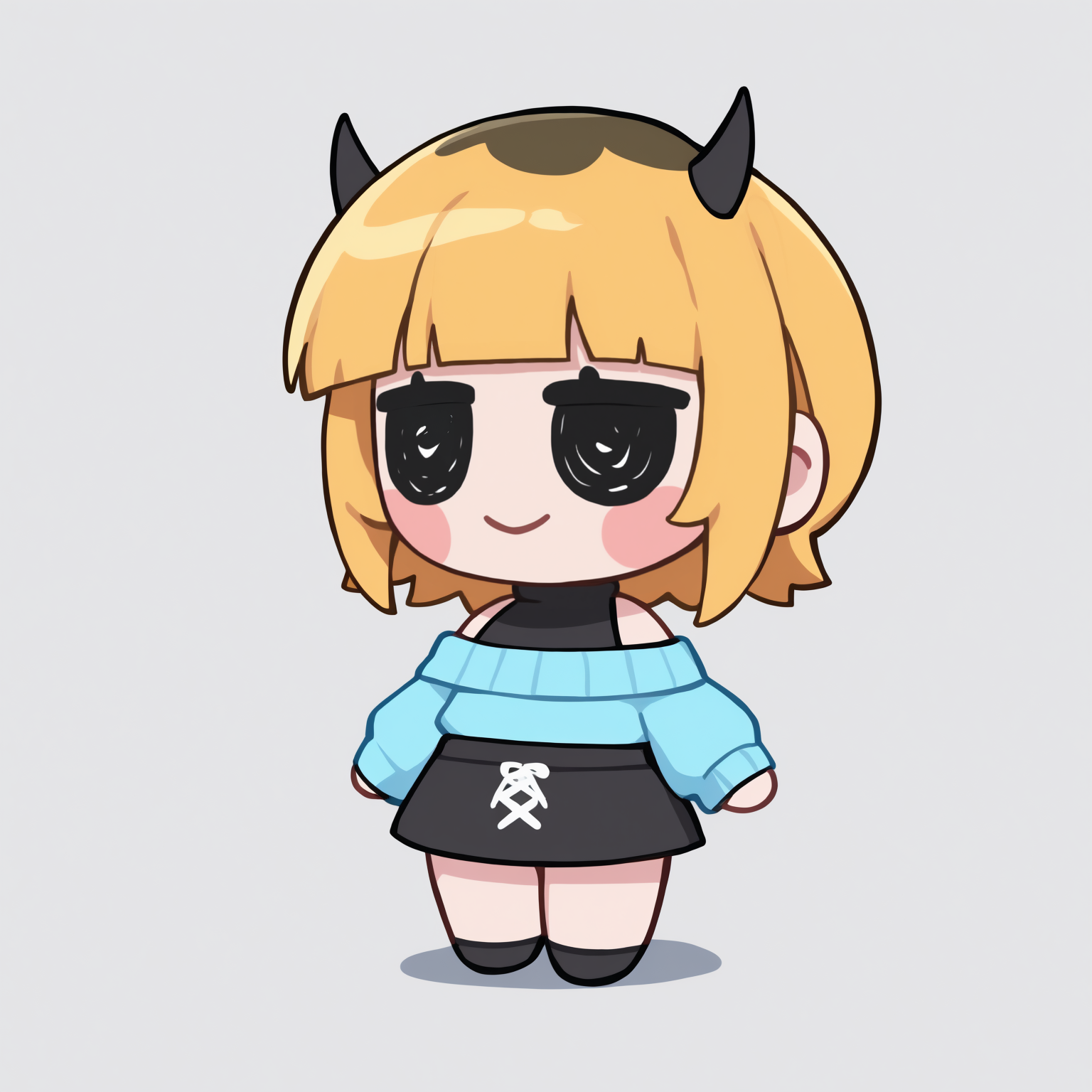 masterpiece, best quality, newest, chibi, full body, blush stickers, black eyes, solo, 1girl, m3mcho, smile, standing, short hair, multicolored hair, blonde hair, blunt bangs, sidelocks, fake horns, demon horns, blue sweater, off-shoulder sweater, long sleeves, black shirt, sleeveless shirt, black skirt, cross-laced skirt, bare shoulders, simple background
<segment:yolo-Anzhc Face seg 640 v3 y11n.pt,0.4,0.6//cid=11>
