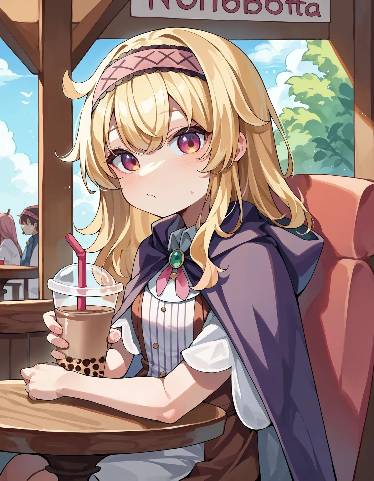 score_9, score_8_up, score_7_up, source_anime,
1girl, nobeta \(main\), no headwear, headband, cloak,
bubble tea, cafe, looking at viewer
<lora:char_nobeta-pony-rls:1>