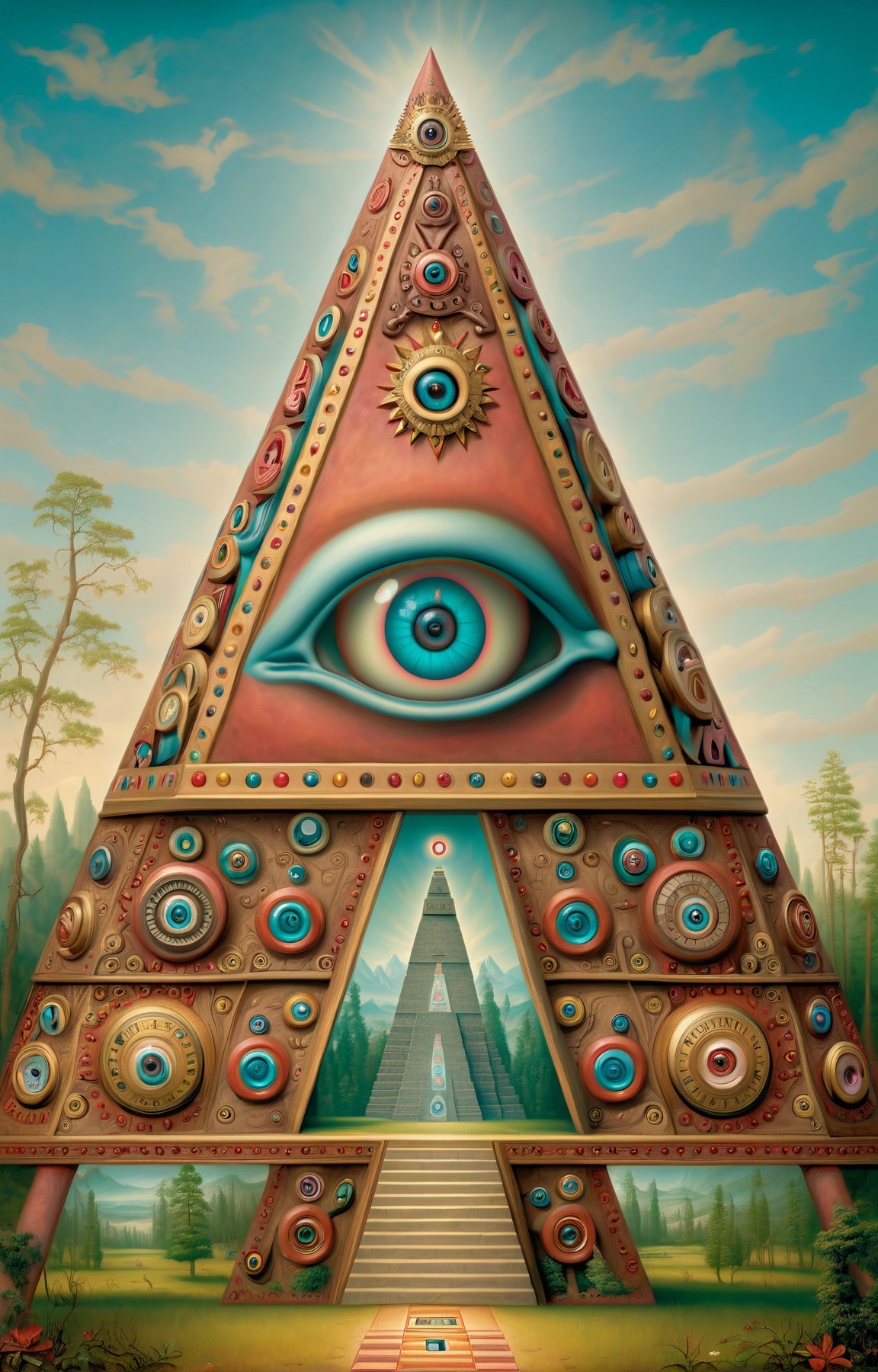 triadic colors, children story book, illustration, concept art, portrait of the pyramid-like all seeing eye through the wheels of time, (art by Mark Ryden:1.2), <lora:Mark_Ryden:1>
