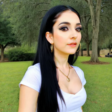 earrings, t-shirt, makeup, long black hair cascading down the front and back , outdoors, necklace, white dress, brown eyes, breasts