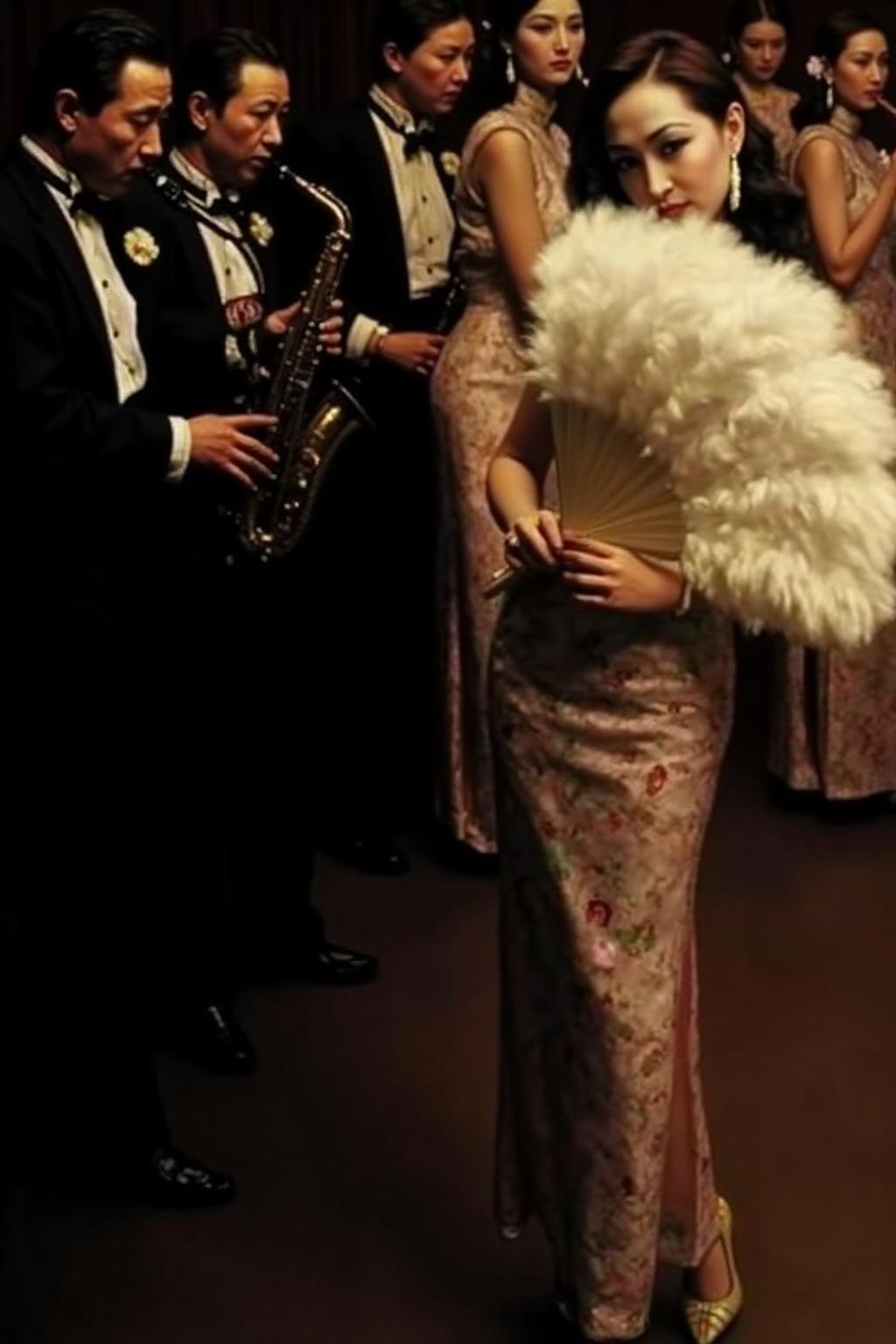 chenyifei1 painting.
A scene at a nightclub in Shanghai in the 1930s. On the right, a woman wearing a traditional cheongsam is standing, holding a large feather hand fan in her hand. On the left, a group of musicians is playing.
 <lora:chenyifei1_cap_d6a3:1.0><lora:839111901251211495:0>