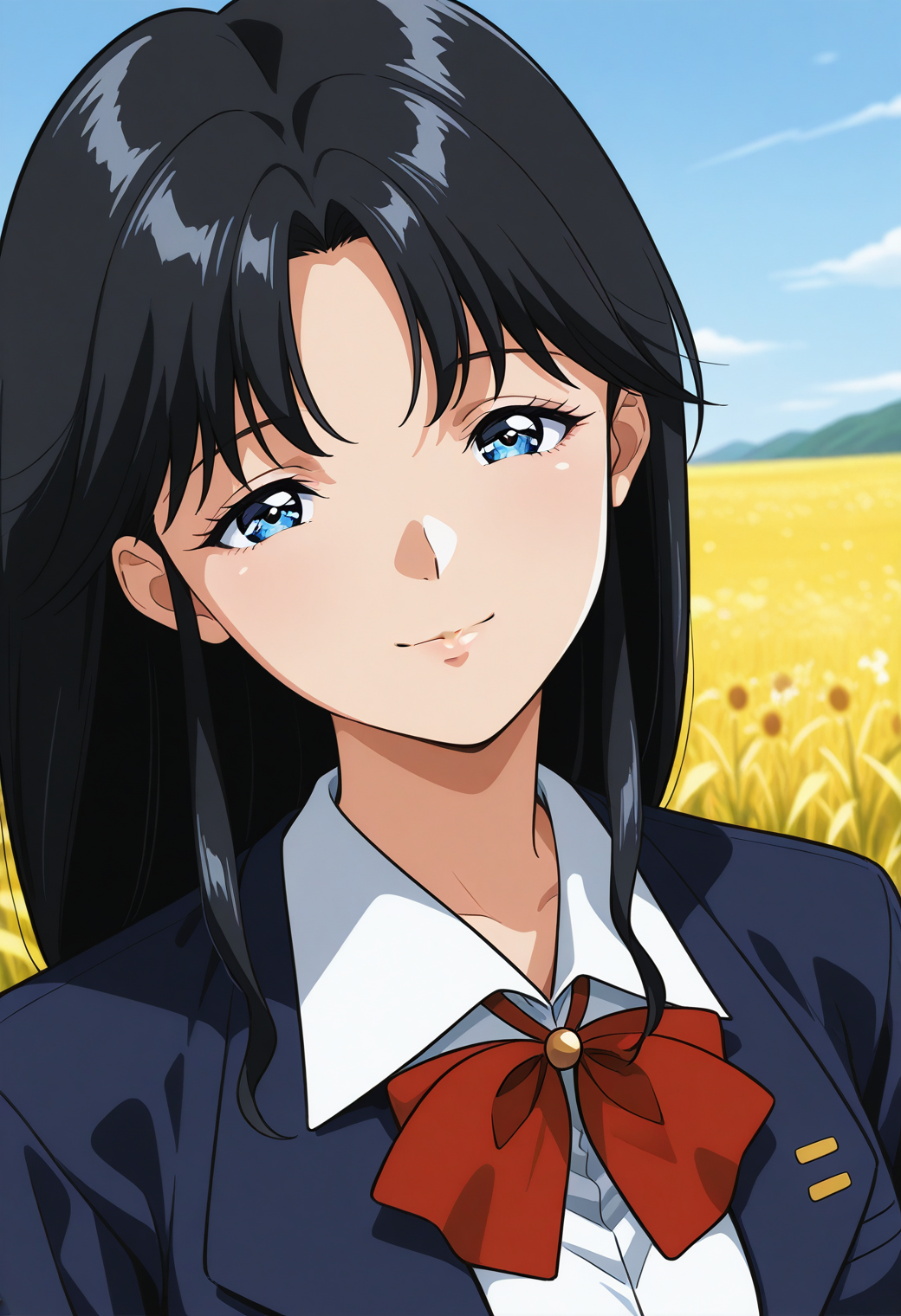 sr5_aya, retro artstyle, blue eyes, black hair, long hair, sidelocks, school uniform, red bowtie, blazer, long sleeves, blue jacket, open jacket, white shirt, collared shirt,  <lora:SR5_aya_illustrious_ver1:0.8> 
light smile,, masterpiece, best quality, general,, 1girl, solo, (field:1.2), (blue sky:1.2), looking at viewer,, (upper body:1.2), (close-up:1.2), (facing viewer:1.2), (open eyes:1.4), (portrait:1.2)