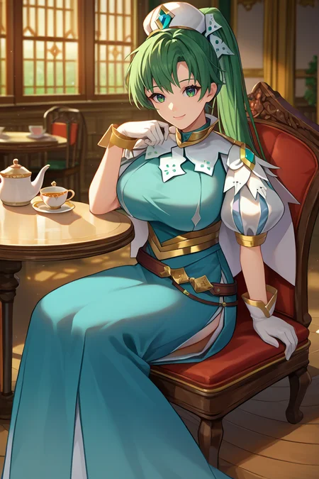 score_9, score_8_up, score_7_up, score_6_up, source_anime BREAK 1girl, solo <lora:lyn-pdxl-nvwls-v1-000005:1> respLyn, green hair, high ponytail, hat, white capelet, blue dress, side slit, puffy sleeves, white sleeves, sash, belt, white gloves, big breasts, sitting in chair, indoors, table, chair, mansion, tea, looking at you, smile