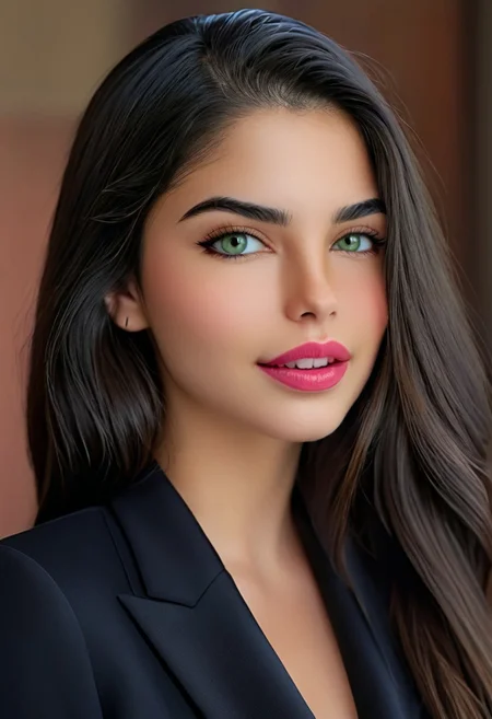 photorealistic, epic realism, (masterpiece), (Realistic photo), (High quality), (RAW photo 8k), (upper body), (Photography by Steve McCurry), incredibly absurdres, young, supermodel, 1girl, solo, ((upper body, portrait, looking at the viewer)), (outline defined full lips:1.4), (green/hazel eyes), perfect symmetrical eyes, long eyelashes, wearing a black modern designer (suit:1.4), (highly detailed, intricate), ((black hair:1.4), modern hairstyle, hair intakes, detailed long hair, (healthy hair, silky hair, voluminous hair)), ((natural, eyeliner, pink lipstick, seductive smiling expression, closed mouth, closed lips, highly detailed face)), (exceptional Detail Clarity, dynamic angle, DSLR, hyper-detailed), (fine details, sharp focus, depth of field).