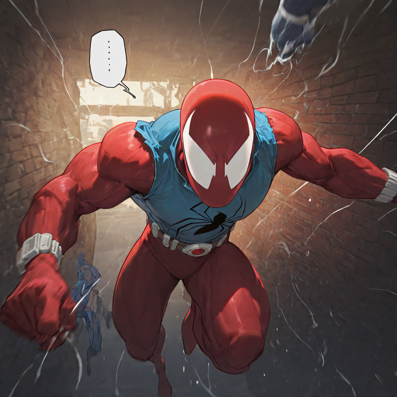 <lora:SCARLET_SPIDER:1>scarlet_spider, solo, shirt, 1boy, male focus, multiple boys, sleeveless, solo focus, belt, speech bubble, sleeveless shirt, muscular, mask, bodysuit, muscular male, blue shirt, crossover, wristband, ..., brick wall, superhero, red bodysuit, blue bodysuit, spider web print, western comics (style), spandex, tilted angle, dynamic perspective, detailed background, motion blur, film grain, abstract, natural lighting, fantasy, cinematic, dynamic view, tilted angle, very awa, masterpiece, best quality, absurdres, newest, perfect quality, detailed background, intricate details, (artist:fl \(l-fl\):0.7), (artist:tooboshoo:0.7), (artist:dizdoodz:0.8)   <lora:bulge:1> bulge