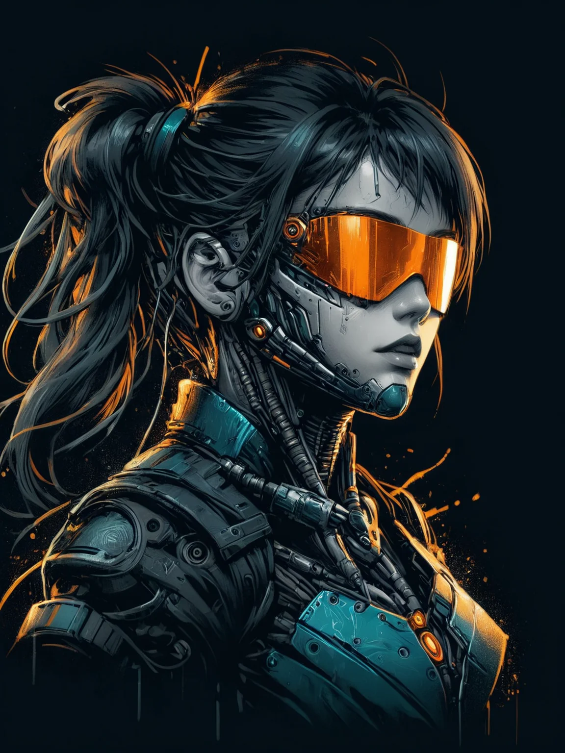 woman, mad-cbrpnksplshrt <lora:Splash_Art_SDXL:1.2> dark background, Slight head tilt pose, (masterpiece:1.2), best quality