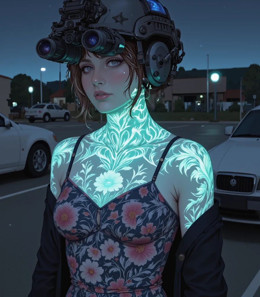 digital illustration of upper body shot of young woman wearing n0ds featuring a high tech military helmet front mounted quad-tube panoramic optical device , wearing floral sundress, cropped cardigan, parking lot at night, luminescent green bio ink designs on her exposed skin on her neck and arms, (bio ink:0.8)<lora:n0ds_epoch_23.safetensors:1.0:1.0> <lora:BioInk2FLUX.safetensors:0.8:0.8>