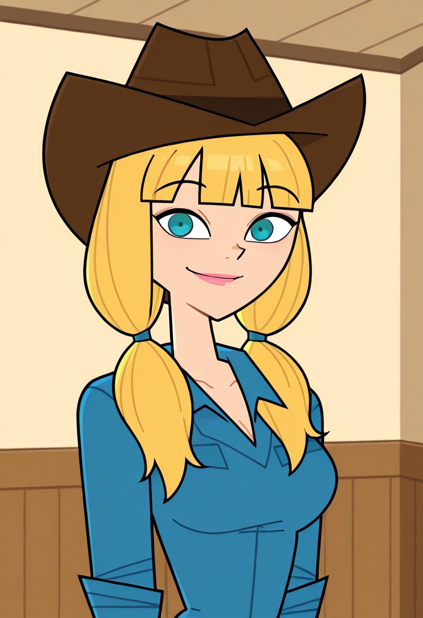 score_9,score_8_up,score_7_up, 1girl, Solo, Ashley_DC_IL, fair skin, shoulder-length hair, blonde hair, twin tails, straight bangs, teal eyes, brown cowgirl hat, blue shirt, pink lips, looking at viewer, indoors, room background, (portrait) smile, standing