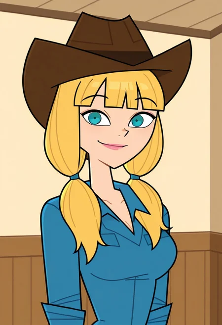 score_9,score_8_up,score_7_up, 1girl, Solo, Ashley_DC_IL, fair skin, shoulder-length hair, blonde hair, twin tails, straight bangs, teal eyes, brown cowgirl hat, blue shirt, pink lips, looking at viewer, indoors, room background, (portrait) smile, standing