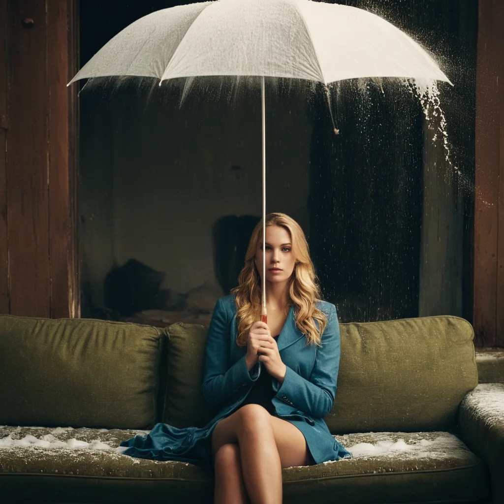 cinematic film still of <lora:Fine art photography style:1>
Juxtaposition of a woman sitting on a couch holding an umbrella with foamy cloud rain above,1girl,solo,long hair,blonde hair,sitting,indoors,window,umbrella,couch,rain,realistic,ruins Juxtaposition,artistic,photography,dramatic light,dramatic shadow light,contrast,saturated color,cinematic,filmic,photographic,realistic,realism,perfection,perfect,Juxtaposed,opposite,different things,side by side,syncretism,antithesis,Juxtaposition style,ruins , creative, photorealism, hyperrealism, Fine art photography style, Fine art cinematic photography style, shallow depth of field, vignette, highly detailed, high budget, bokeh, cinemascope, moody, epic, gorgeous, film grain, grainy