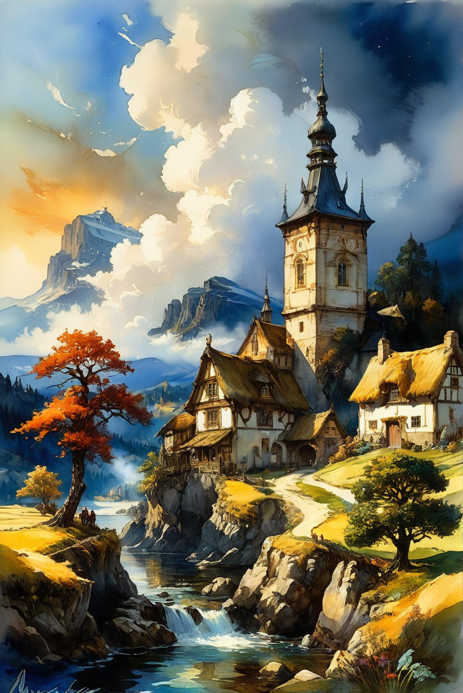 A hyper-realistic, ultra-detailed watercolor painting featuring a fantastical landscape with a village at the end of time. The scene has a perfect composition and chiaroscuro inspired by Rembrandt, with concept art elements by Mariusz Lewandowski, Louis Aston Knight, Karine Eibatova, John Howe, Jessica Rossier, JarosÅaw JaÅnikowski, Inessa Garmash, HenriÃ«tte Ronner-Knip, and Harumi Hironaka. The painting is vibrant, beautiful, painterly, detailed, and textural.
Watercolor painting, masterpiece, best quality, hyper detailed, ultra realistic, 32k, RAW photo, landscape, fantasy, village at the end of time, perfect composition, chiaroscuro by Rembrandt, concept art, vibrant, beautiful, painterly, detailed, textural, artistic, Rembrandt, Mariusz Lewandowski, Louis Aston Knight, Karine Eibatova, John Howe, Jessica Rossier, JarosÅaw JaÅnikowski, Inessa Garmash, HenriÃ«tte Ronner-Knip, Harumi Hironaka.
<lora:add-detail-xl:1.0>,
<lora:EnvyBetterHiresFixXL01:1.0>,
<lora:extremely_detailed:1.0>, extremely detailed,
<lora:EldritchMixIllustration_1.1:0.6>,
<lora:watercolor:0.4> watercolor,
<lora:EnvyInkSwirlXL01:0.25> swirling ink,