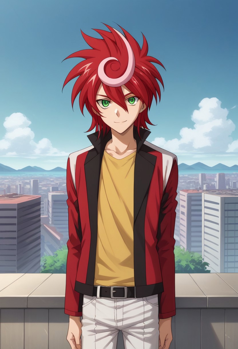 score_9, score_8_up, score_7_up, source_anime, highly detailed, 
shindou, 1boy, solo, male focus, red hair, green eyes, pants, belt, jacket, red jacket,
smile, spiked hair, upper body, standing, white pants, looking at viewer,
shirt, hair between eyes, yellow shirt, multicolored hair, dyed bangs, two-tone hair,
outdoor, sky, buildings,