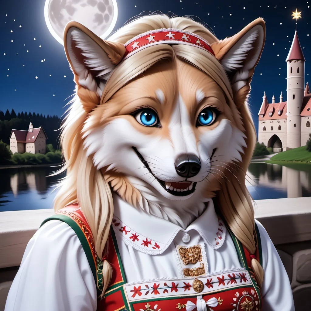 anthro, female wolf, artic wolf, voluptuous figure, tufted fur, tufted ears, cheast tuft, fluffy canine tail, detailed fur, whiskers, long blonde hair, golden fur, blue eyes, canine teeth, medieval castle, leaning balcony, looking beyond, stars, full moon, solo, medium breasts, river, hairband, bunad, norwegian bunad, norwegian folklore dress, norwegian folklore costume, night, spring season, open smile,