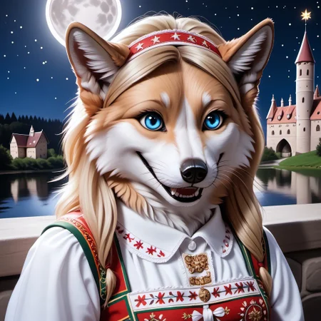 anthro, female wolf, artic wolf, voluptuous figure, tufted fur, tufted ears, cheast tuft, fluffy canine tail, detailed fur, whiskers, long blonde hair, golden fur, blue eyes, canine teeth, medieval castle, leaning balcony, looking beyond, stars, full moon, solo, medium breasts, river, hairband, bunad, norwegian bunad, norwegian folklore dress, norwegian folklore costume, night, spring season, open smile,