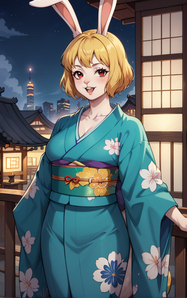 score_9, score_8_up, score_7_up, BREAK
Kimono_Wano_Carrot_ownwaifu,
1girl, blonde hair, rabbit girl, furry female, short hair, rabbit tail,  large breasts, rabbit ears, animal ears, collarbone, red eyes, white fur, animal nose, body fur, buck teeth, bangs, groin, white skin, 
japanese clothes, kimono, obi, sash, floral print, 
(standing, arm_support), railing, cityscape, night, city, city lights, scenery, starry sky, vanishing point, outdoors, <lora:PONYXL_ONEPIECE_Wano_Carrot_ownwaifu:0.8> , depth of field, solo,
