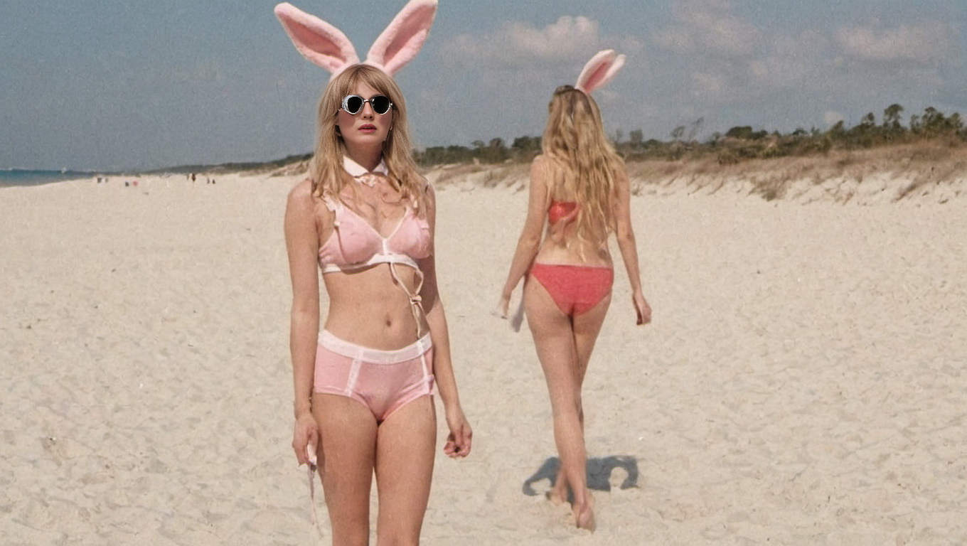 <lora:Roger_Deakins_Cinematography:1>, Beach Bunny, Stylist,, movie still, Experimental Genre